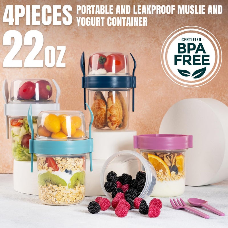 chedi 4-Pack 22 oz Portable Breakfast Cups with Lids & Spoons â€“ Reusable Cereal and Yogurt Containers with Topping Compartment â€“ Ideal for Granola, Oatmeal, Overnight Oats & Snacks (22 oz - 4 Pack) - Image 2