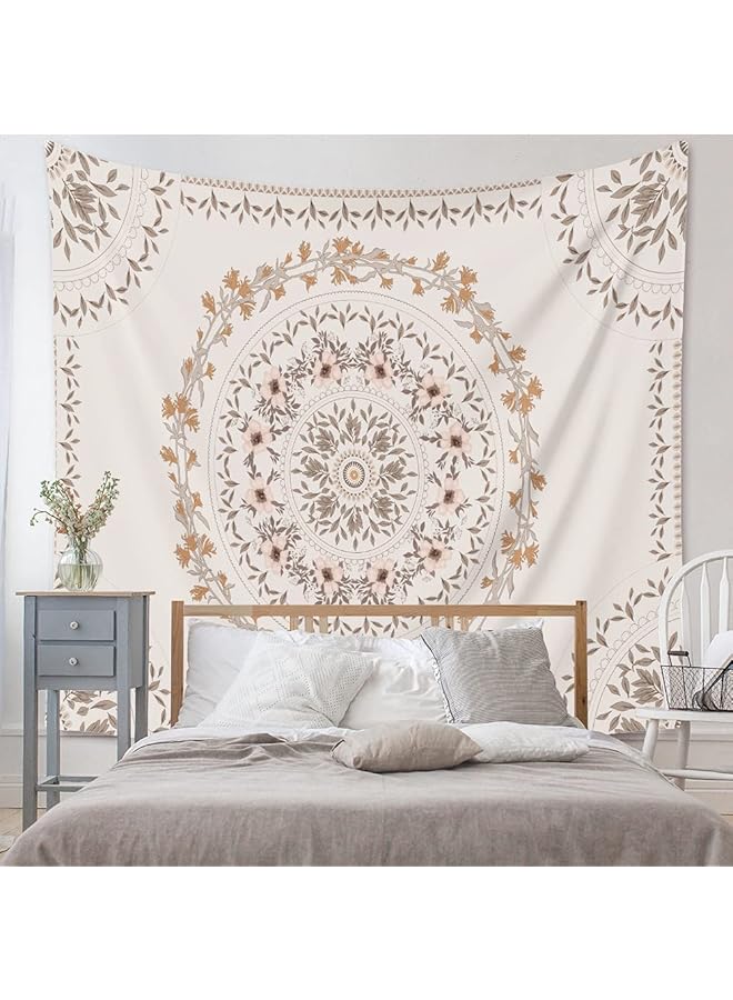 The Bros White Bohemian Tapestry Wall Hanging, Mandala Floral Medallion Hippie Tapestry with Light Brown Aesthetic Wreath Design, Cream Wall Decor Blanket for Bedroom Home Dorm - Image 1