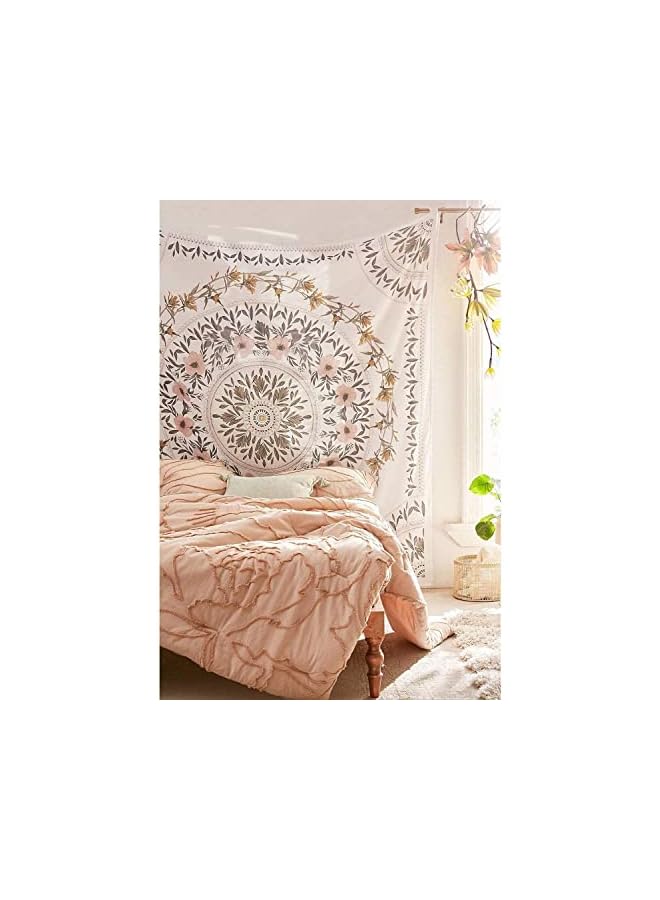 The Bros White Bohemian Tapestry Wall Hanging, Mandala Floral Medallion Hippie Tapestry with Light Brown Aesthetic Wreath Design, Cream Wall Decor Blanket for Bedroom Home Dorm - Image 2