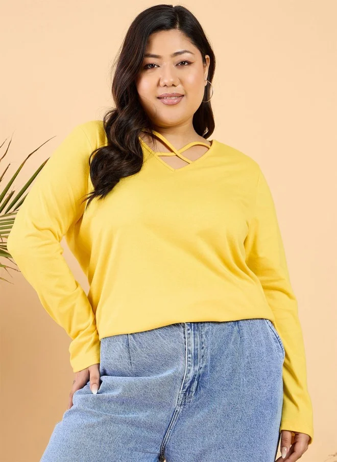 CURVY STREET Yellow V-Neck Cotton T-Shirt for Women