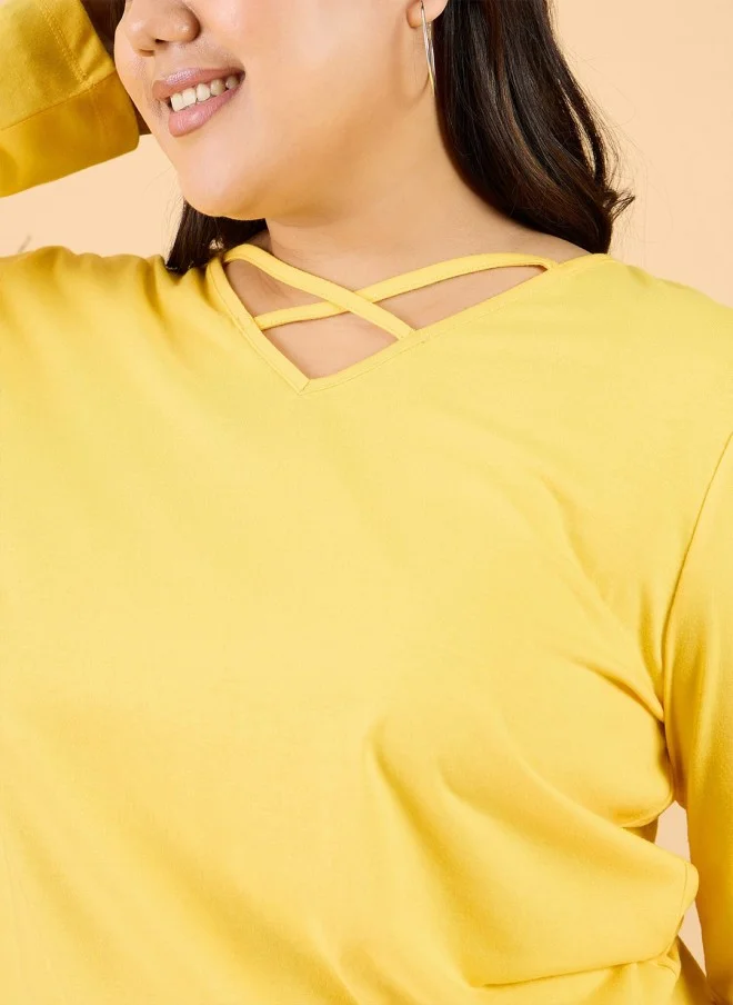 CURVY STREET Yellow V-Neck Cotton T-Shirt for Women