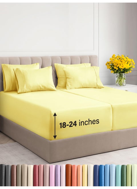 Extra Deep Split King Sheet Set  7 Piece Breathable  Cooling Sheets  Hotel Luxury Bedding Set w1824 Inch Extra Deep Pockets  Easy Fit  Super Soft Wrinkle Free  Comfy  Yellow Split King Size