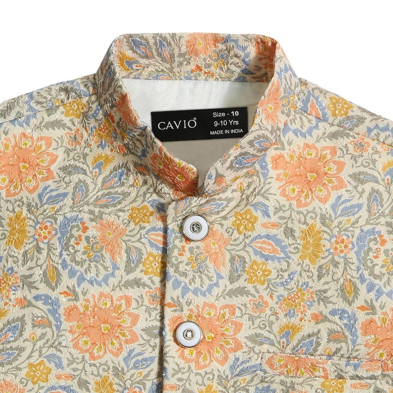 CAVIO Boys Orange Traditional Embroidered Nehru Jacket - Image 3