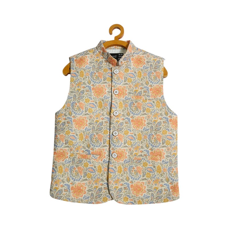 CAVIO Boys Orange Traditional Embroidered Nehru Jacket - Image 4