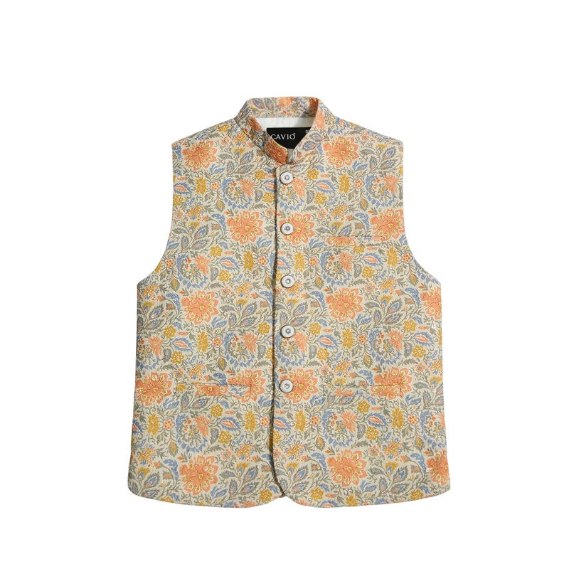 CAVIO Boys Orange Traditional Embroidered Nehru Jacket - Image 1