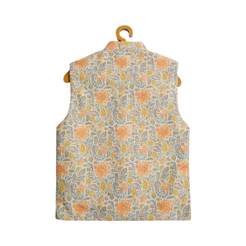 CAVIO Boys Orange Traditional Embroidered Nehru Jacket - Image 5