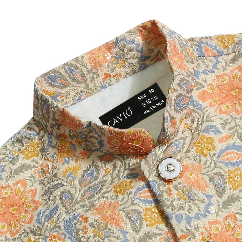 CAVIO Boys Orange Traditional Embroidered Nehru Jacket - Image 2