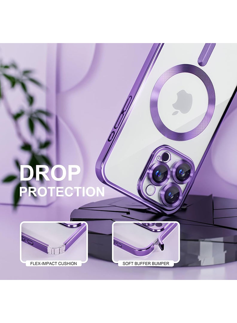 YJS Magnetic Case for iPhone 16 Pro Max with MagSafe Drop Protection Full Camera Lens Protector Plating Soft Clear Phone Case 6.9 inch - Purple - Image 4