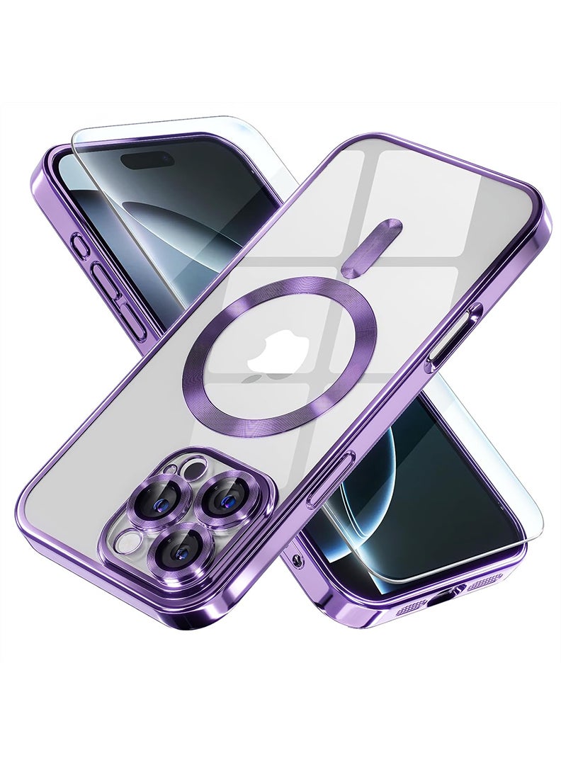 YJS Magnetic Case for iPhone 16 Pro Max with MagSafe Drop Protection Full Camera Lens Protector Plating Soft Clear Phone Case 6.9 inch - Purple - Image 1