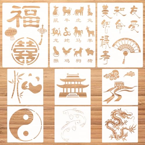 CIEMODA 9 Pieces Chinese Stencil Set Chinese FU Characters StencilDouble Happiness Dragon The Great Wall Stencils Zodiac Painting Stencils for Painting on Wall Tile Wood DIY Art Home Decor83 x 118 inch - Image 1