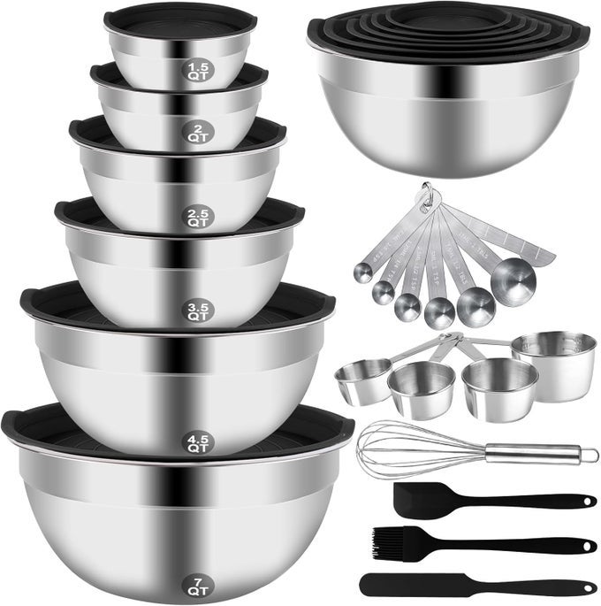 MIXING BOWLS SET 27PCS STAINLESS STEEL MIXING BOWL WITH LID SET LARGE NESTING BOWLS 7 45 3 25 2 15QT MEASURING CUPS AND SPOONS BAKING UTENSILS METAL BOWL FOR KITCHEN PREP