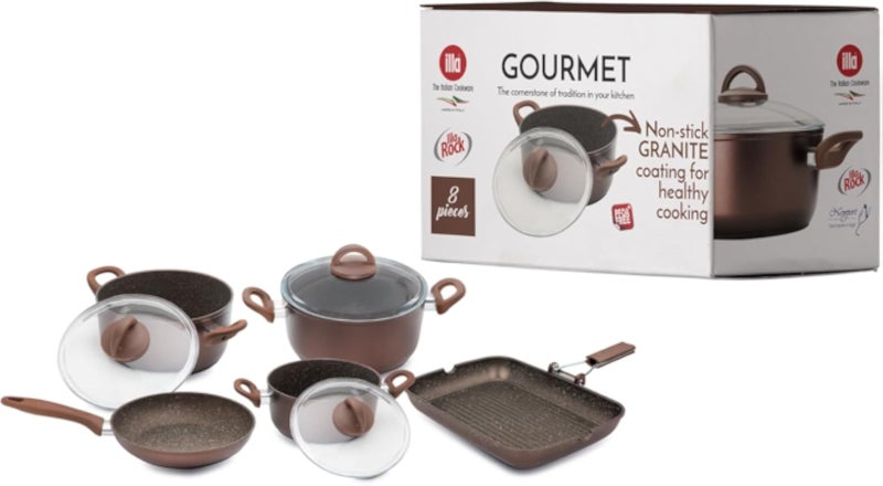 إيلا طقم أواني طهي فاخرة - أواني 18/20/24 سم مع أغطية، مقلاة 22 سم، شواية 26 × 36 سم - بني، من الفولاذ المقاوم للصدأ، غير مطلي، مناسب للموقد