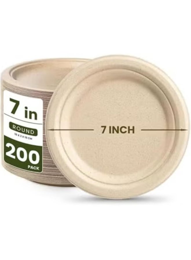 ايكواي ecoway 7-Inch 100% Compostable Disposable Round Bagasse Paper Plates - Biodegradable Sugarcane Fiber - Strong Heavy Duty Rigid Design - Sustainable & Food-Grade - Natural Brown Color, Pack of 200 - Image 1