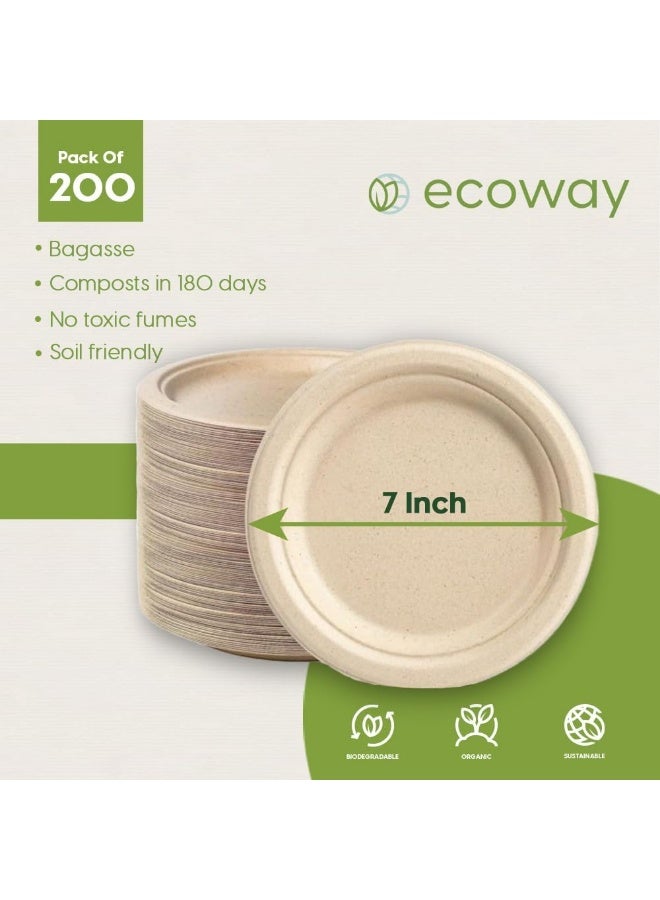 ايكواي ecoway 7-Inch 100% Compostable Disposable Round Bagasse Paper Plates - Biodegradable Sugarcane Fiber - Strong Heavy Duty Rigid Design - Sustainable & Food-Grade - Natural Brown Color, Pack of 200 - Image 4