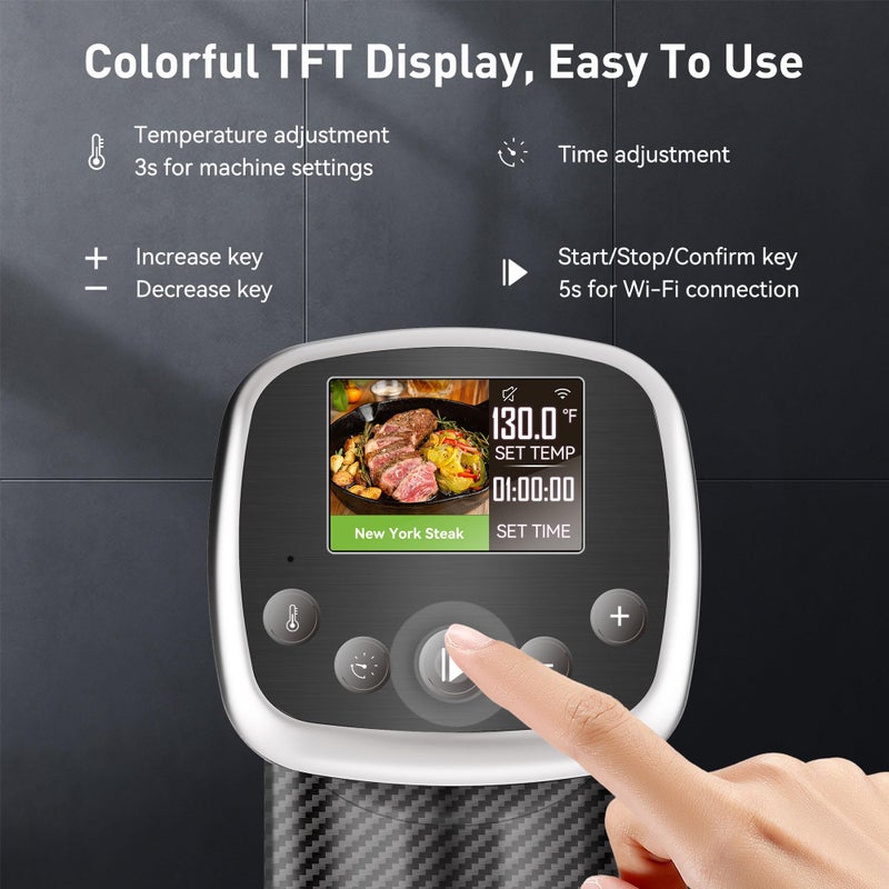 KitchenBoss Wifi Sous Vide Cooker: Sous Vide Machine Ultra-quiet 1100W Precision Cooking Machine Built-in TFT Recipes, IPX7 Waterproof Immersion Circulator Precise Temperature Control, Carbon Black - Image 2