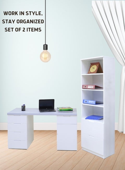 Sleek 2-Piece Office Furniture Set. Spacious Desk with Storage and Tall Bookshelf – Ideal for Productivity and Organized Workspaces. This modern 18mm MDF desk offers a spacious work surface perfect for multitasking, making it ideal for computer setups, writing tasks, or creative projects. White/Gray Tabletop (Arfan)