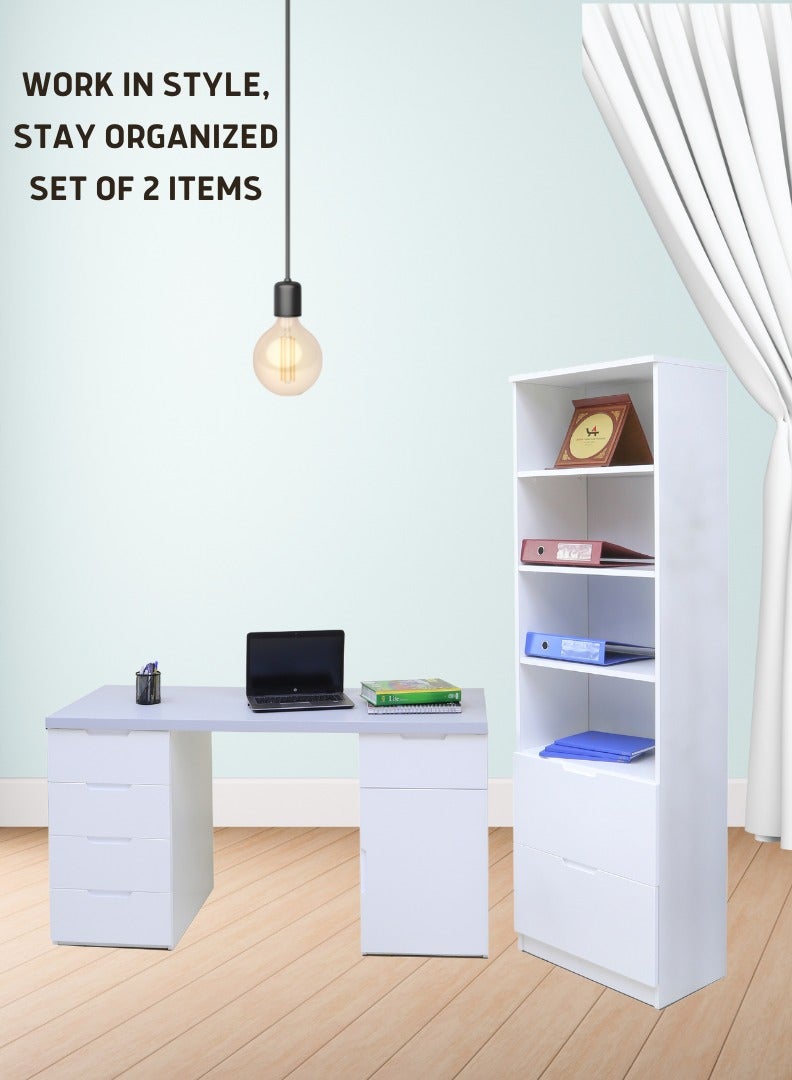 Sleek 2-Piece Office Furniture Set. Spacious Desk with Storage and Tall Bookshelf – Ideal for Productivity and Organized Workspaces. This modern 18mm MDF desk offers a spacious work surface perfect for multitasking, making it ideal for computer setups, writing tasks, or creative projects. White/Gray Tabletop (Arfan)