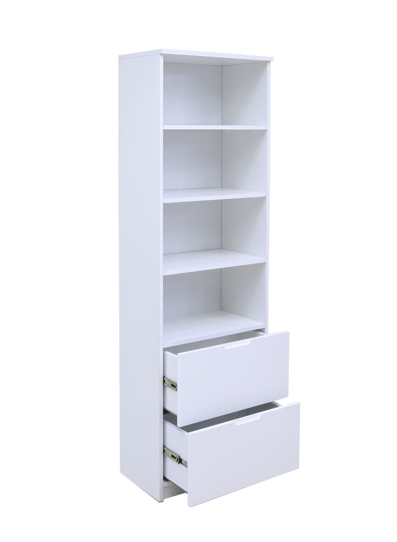 Sleek 2-Piece Office Furniture Set. Spacious Desk with Storage and Tall Bookshelf – Ideal for Productivity and Organized Workspaces. This modern 18mm MDF desk offers a spacious work surface perfect for multitasking, making it ideal for computer setups, writing tasks, or creative projects. White/Gray Tabletop (Arfan)