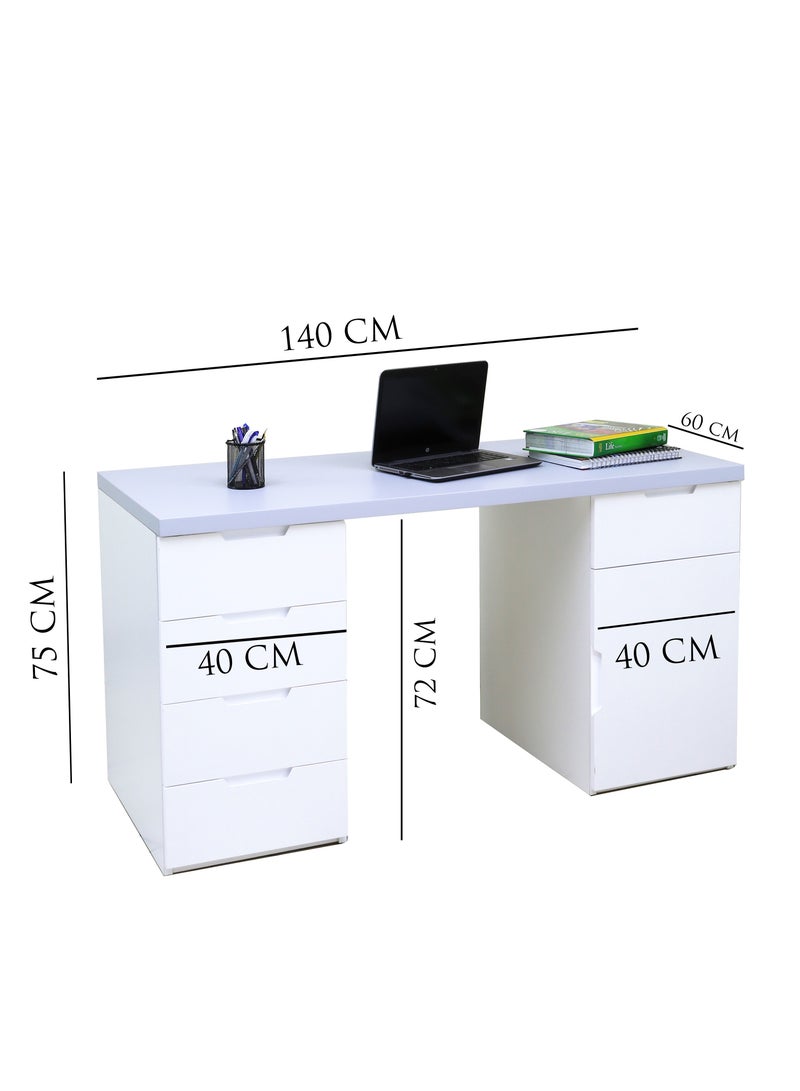 Sleek 2-Piece Office Furniture Set. Spacious Desk with Storage and Tall Bookshelf – Ideal for Productivity and Organized Workspaces. This modern 18mm MDF desk offers a spacious work surface perfect for multitasking, making it ideal for computer setups, writing tasks, or creative projects. White/Gray Tabletop (Arfan)