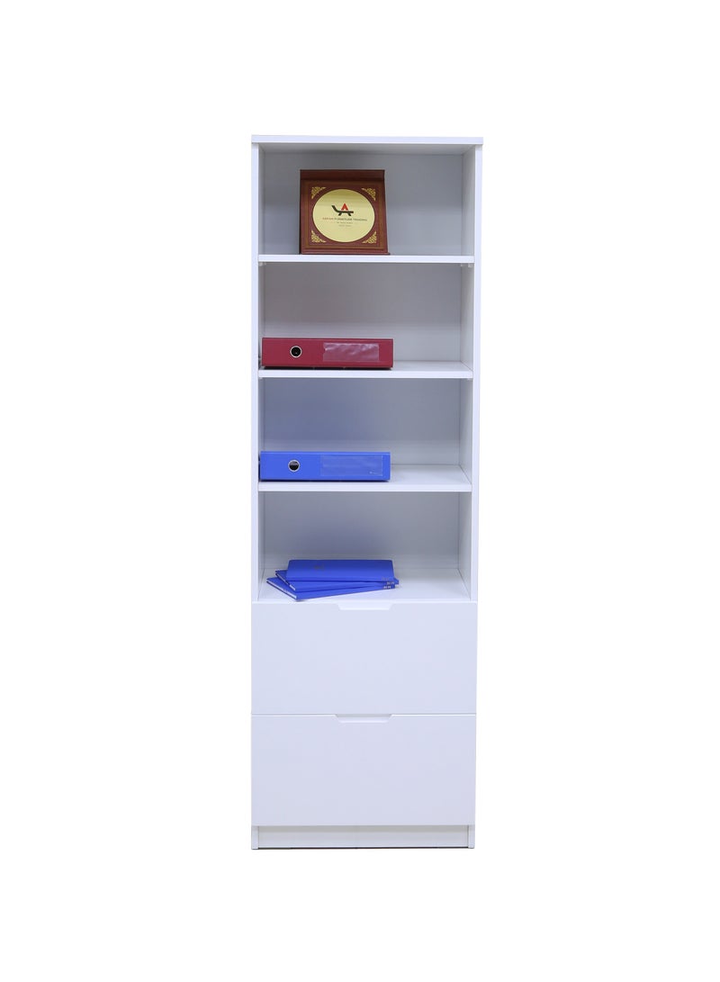 Sleek 2-Piece Office Furniture Set. Spacious Desk with Storage and Tall Bookshelf – Ideal for Productivity and Organized Workspaces. This modern 18mm MDF desk offers a spacious work surface perfect for multitasking, making it ideal for computer setups, writing tasks, or creative projects. White/Gray Tabletop (Arfan)