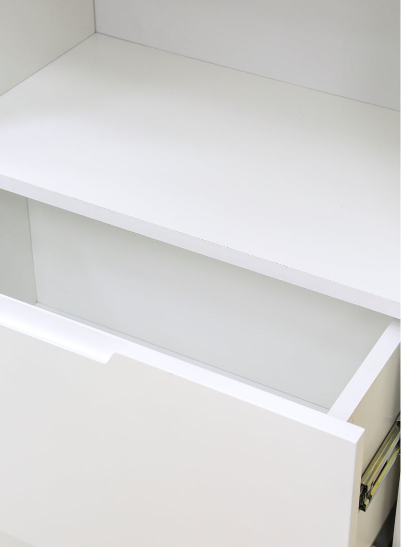 Sleek 2-Piece Office Furniture Set. Spacious Desk with Storage and Tall Bookshelf – Ideal for Productivity and Organized Workspaces. This modern 18mm MDF desk offers a spacious work surface perfect for multitasking, making it ideal for computer setups, writing tasks, or creative projects. White/Gray Tabletop (Arfan)