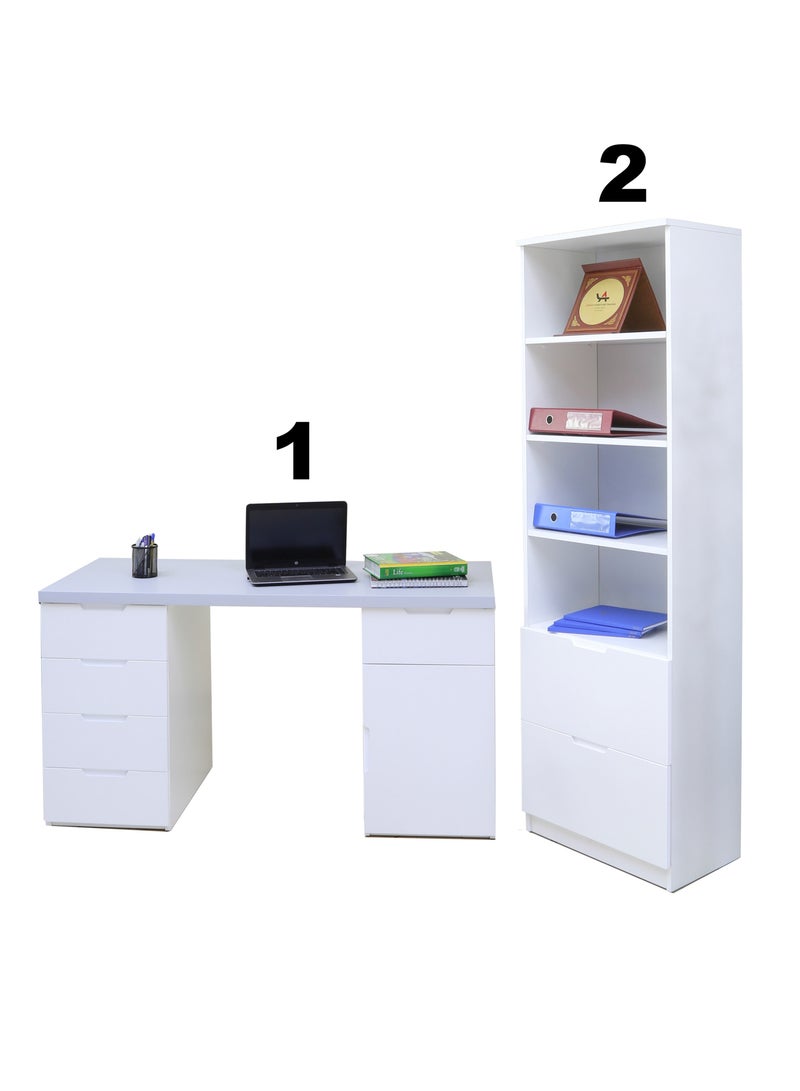Sleek 2-Piece Office Furniture Set. Spacious Desk with Storage and Tall Bookshelf – Ideal for Productivity and Organized Workspaces. This modern 18mm MDF desk offers a spacious work surface perfect for multitasking, making it ideal for computer setups, writing tasks, or creative projects. White/Gray Tabletop (Arfan)