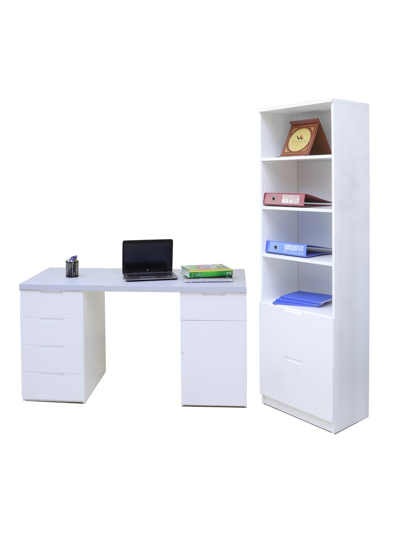 Sleek 2-Piece Office Furniture Set. Spacious Desk with Storage and Tall Bookshelf – Ideal for Productivity and Organized Workspaces. This modern 18mm MDF desk offers a spacious work surface perfect for multitasking, making it ideal for computer setups, writing tasks, or creative projects. White/Gray Tabletop (Arfan)