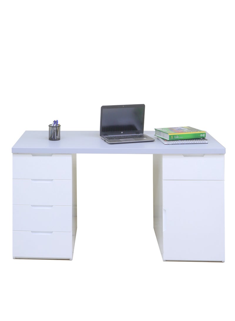 Sleek 2-Piece Office Furniture Set. Spacious Desk with Storage and Tall Bookshelf – Ideal for Productivity and Organized Workspaces. This modern 18mm MDF desk offers a spacious work surface perfect for multitasking, making it ideal for computer setups, writing tasks, or creative projects. White/Gray Tabletop (Arfan)