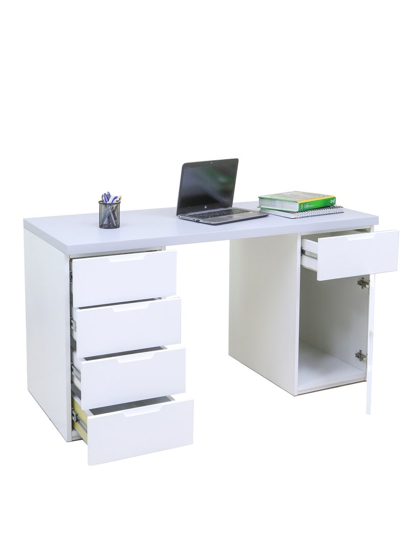 Sleek 2-Piece Office Furniture Set. Spacious Desk with Storage and Tall Bookshelf – Ideal for Productivity and Organized Workspaces. This modern 18mm MDF desk offers a spacious work surface perfect for multitasking, making it ideal for computer setups, writing tasks, or creative projects. White/Gray Tabletop (Arfan)