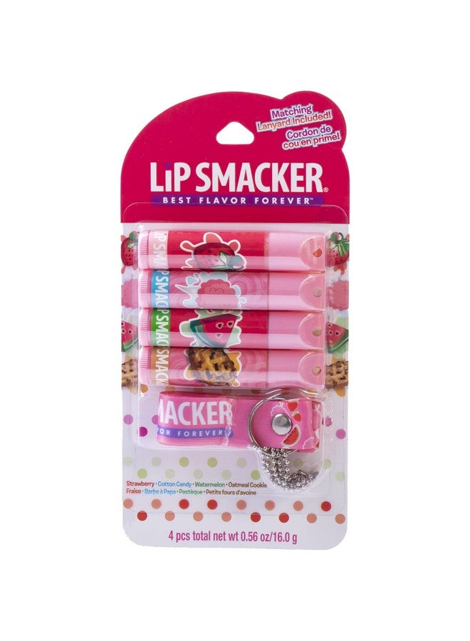 Lip Smacker Flavored Lip Balm & Pink Lanyard Set | Strawberry, Cotton Candy, Watermelon, Oatmeal Cookie Flavors | For Kids | Stocking Stuffer | Christmas Gift | Set of 4 - Image 1
