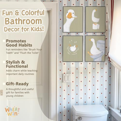 Wheatwin Kids Bathroom Decor, Goose Nursery Animal Poster Prints, Bathroom Wall Decorations for Kids Toddler Boys Girls Toilet Washroom Farmhouse, 8x10 Unframed 4Pcs - Sage Green - Image 5
