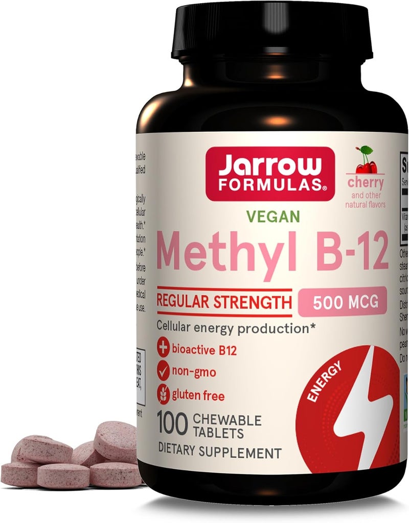 Jarrow Formulas Methyl B12 Tablets 500 mg Dietary Supplement For Cellular Energy Production and Brain Health Support 100 Cherry Flavor Chewable Tablets 100 Day Supply - Image 1