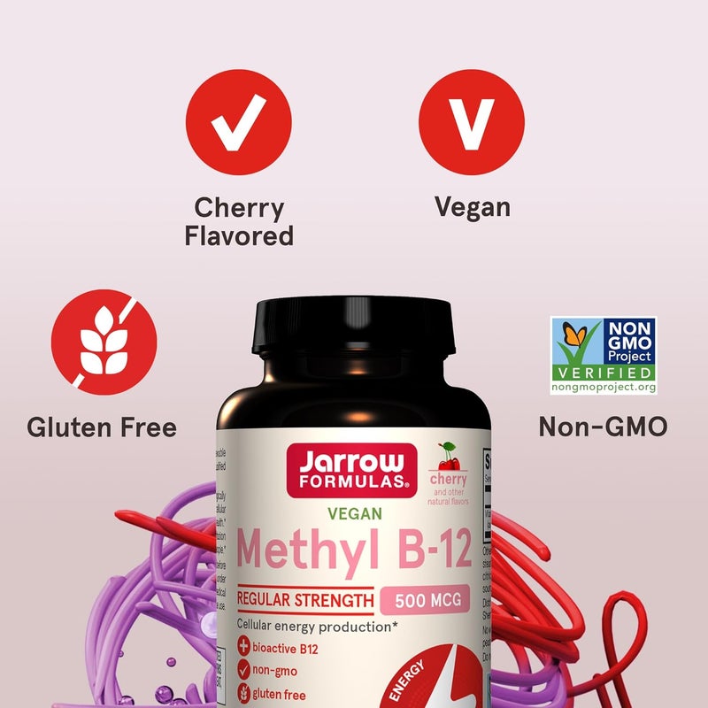 Jarrow Formulas Methyl B12 Tablets 500 mg Dietary Supplement For Cellular Energy Production and Brain Health Support 100 Cherry Flavor Chewable Tablets 100 Day Supply - Image 5