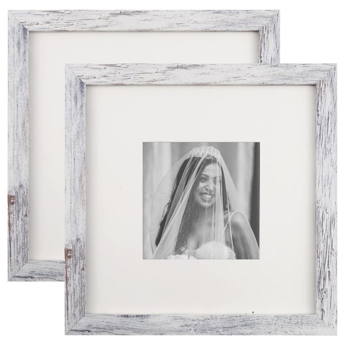 PICTURE FRAMES 8X8 SET OF 2 DISTRESSED WHITE WOOD GRAIN PHOTO FRAME FOR GALLERY WALL MOUNTING OR TABLETOP DISPLAY