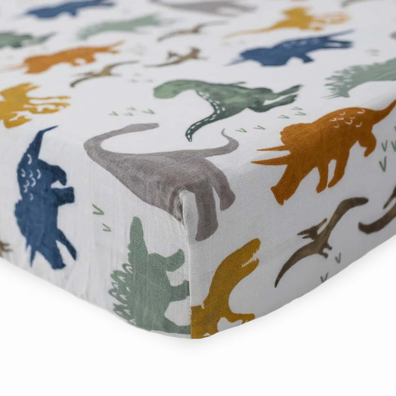 Little Unicorn Premium Crib Sheet | Breathable & Super-Soft Muslin Fabric (Dino Friends) - Image 2
