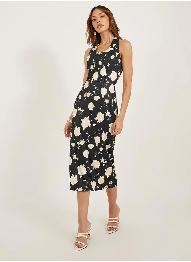 Styli Floral Print Strappy Bodycon Midi Dress