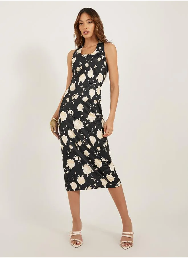 Styli Floral Print Strappy Bodycon Midi Dress