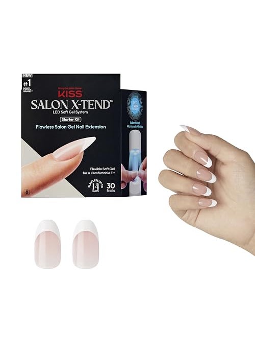 KISS KISS Salon X-tend, Press-On Nails, Nail glue included, 'Pure', Light White, Medium Size, Oval Shape, Includes 30 Nails, 5Ml Led Soft Gel Adhesive, 1 Led Lamp, 1 Prep Pad, 1 Manicure Stick, 1 Mini File 