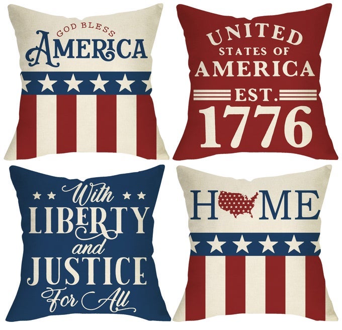 4TH OF JULY AMERICAN PATRIOTIC DECORATIVE THROW PILLOW COVER 18X18 SET OF 4 USA STAR STRIPE GOD BLESS AMERICA UNITED STATES EST1776 CUSHION CASE FOR HOME DECOR WITH LIBERTY AND JUSTICE FOR ALL