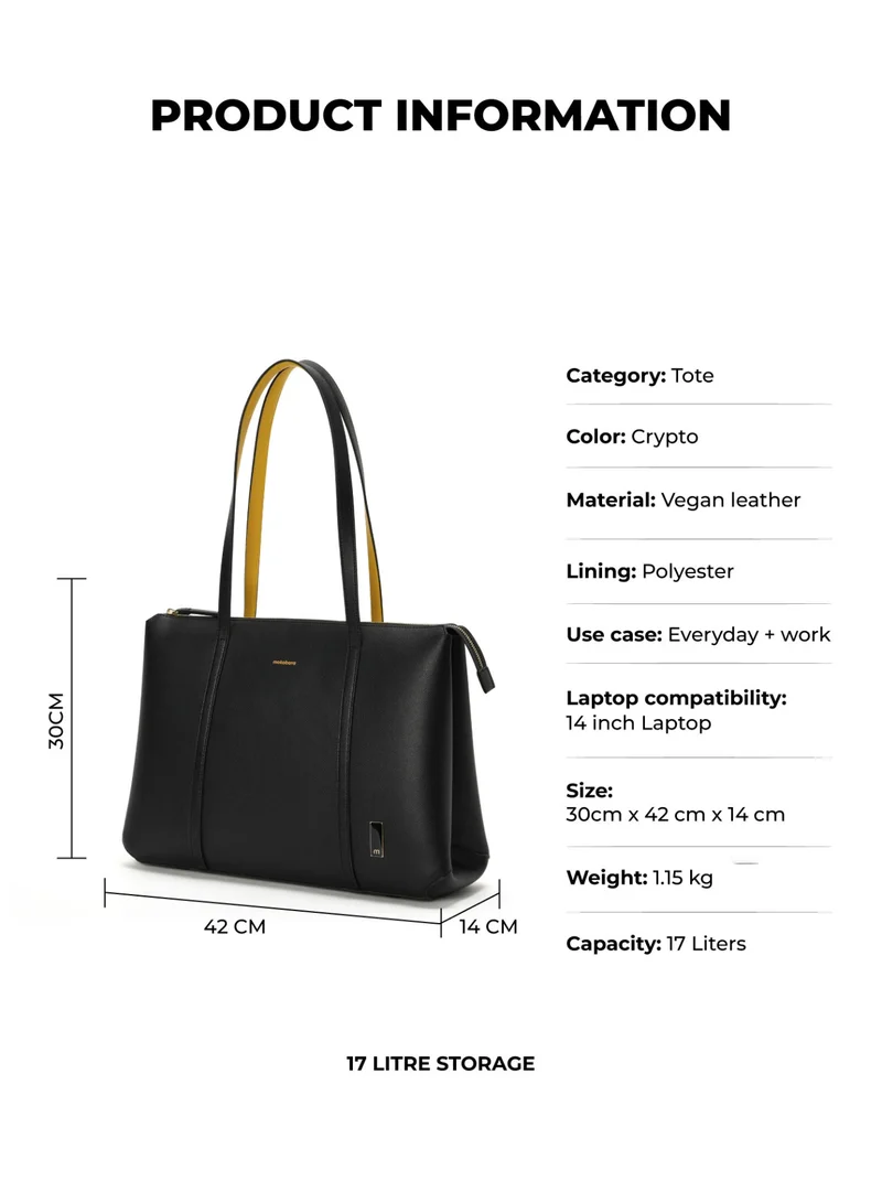 موكوبارا للتجارة ذ.م.م The Easy Going Tote | Women Tote Bag For Office Use With Water-Resistant Vegan Leather & Zipper Closure | Multiple Compartments & Luggage Sleeve For Travel & Work | Black, Crypto