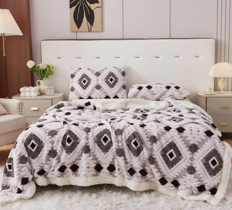 LEVINIS Boho Sherpa Fleece Blanket 80'' Ã— 90'', Ultra Soft Aztec Queen Blanket for All Season, Plush, Cozy, Bohemian Throw Blankets for Bed/Couch/Sofa/Office/Camping, Dark Coffee - Image 1
