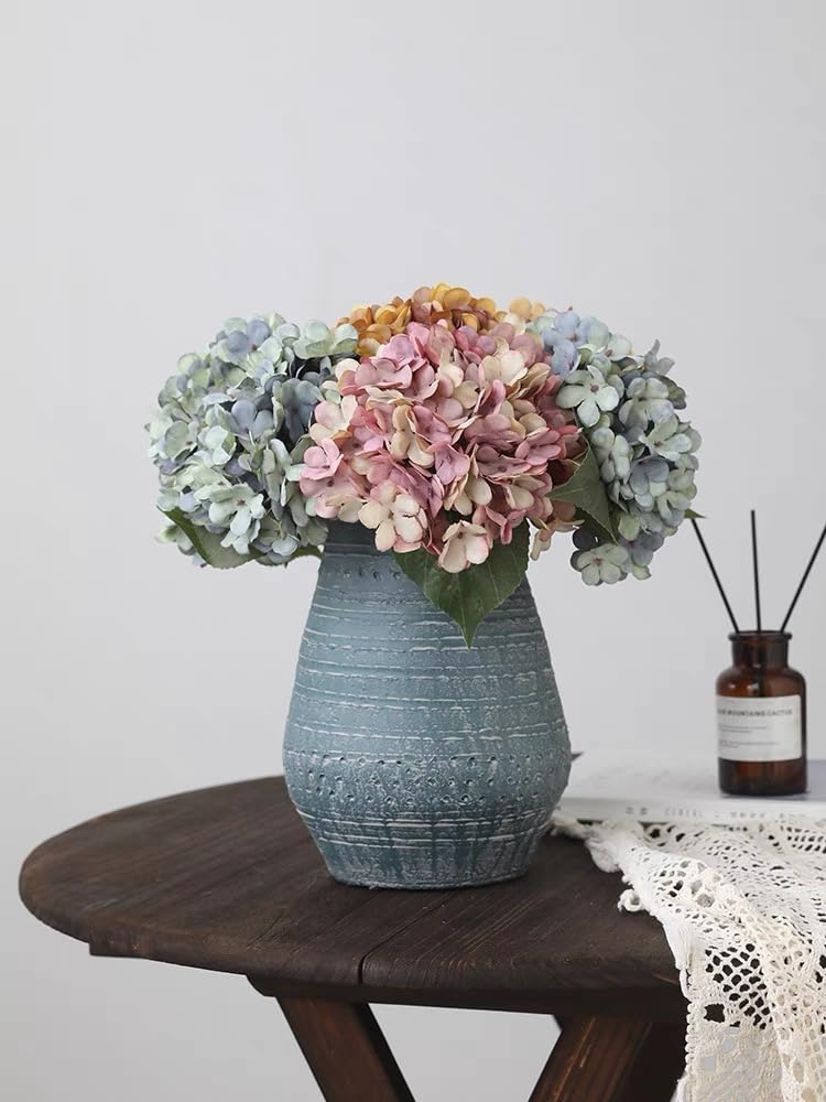 Kimura's Cabin 6pcs Artificial Silk Hydrangea Flowers Vintage Fake Bouquets Faux Hydrangeas Flower with Stems for Wedding Party Autumn Farmhouse Home Table Core Decoration (Deep Lake Blue) - Image 3