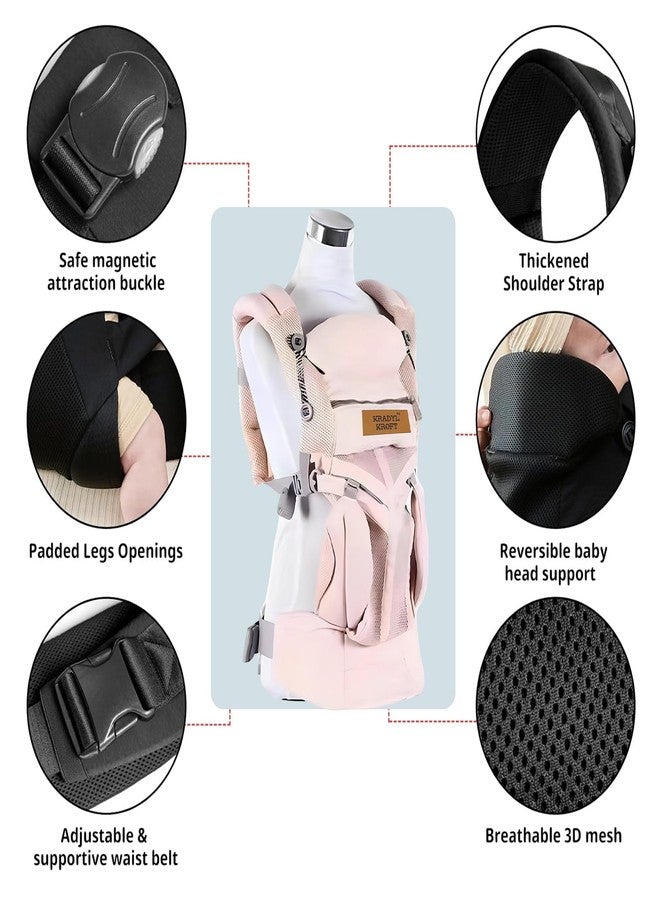 Kradyl Kroft Adjustable Baby Carrier for 4 to 24 Months Baby with 4 Carry Positions | Handsfree Carrier | Waist & Back Support | Soft Padding and Buckle Support (Pink Hood) - Image 2
