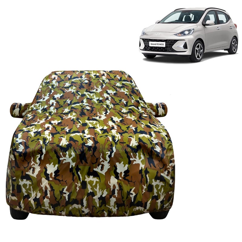 VYAS 100% Waterproof Car Body Cover for Compatible Hyundai I-10 Grand Nios (2019-2025) Mirror Pocket Triple Stitched Belt Buckle Fitting Dual Elastic, Durable Material Jungle Print Camouflage Design - Image 1