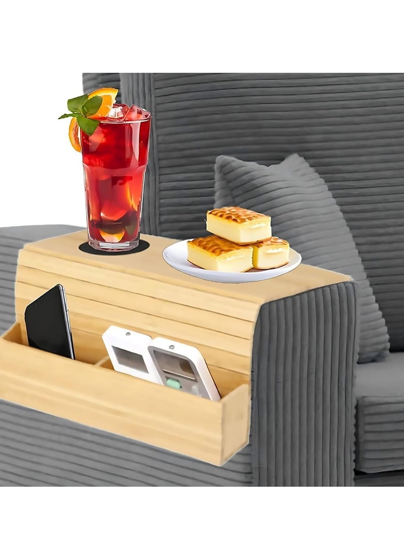 Bukela Sofa Arm Tray Couch Arm Table Armrest Tray Wooden Arm Rest Trays Foldable Bamboo Sofa Armrest Organiser with Cup Holder and Pockets for TV Remote, Phone, Snacks, Drinks - Image 1