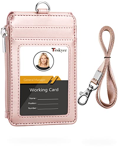 Teskyer Badge Holder with Side Zip Pocket, Multiple Card Slots Leather ID Holder Wallet with Neck Lanyard for Office Staffs, Teachers/Students, Couriers, Workers, Rose Gold - Image 1