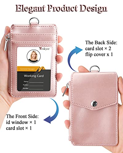 Teskyer Badge Holder with Side Zip Pocket, Multiple Card Slots Leather ID Holder Wallet with Neck Lanyard for Office Staffs, Teachers/Students, Couriers, Workers, Rose Gold - Image 4