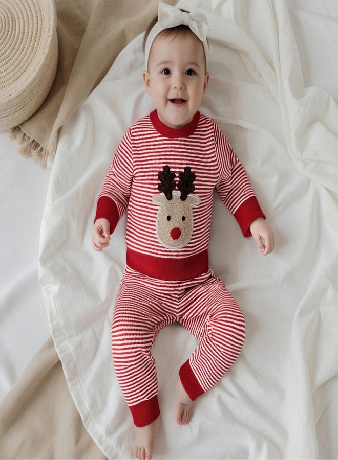 Nyapruwe Infant Baby Boy Girl Christmas Outfits Toddler Xmas Long Sleeve Sweatshirt Pants Set Fall Winter 2Pcs Clothes (Red Stripe Deer, 12-18 Months) - Image 4