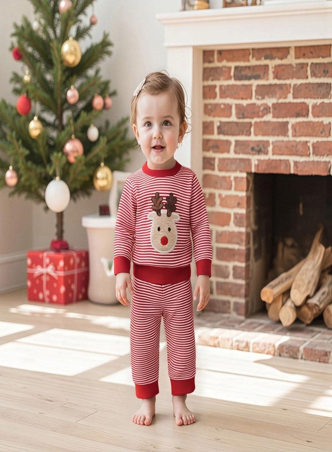 Nyapruwe Infant Baby Boy Girl Christmas Outfits Toddler Xmas Long Sleeve Sweatshirt Pants Set Fall Winter 2Pcs Clothes (Red Stripe Deer, 12-18 Months) - Image 3