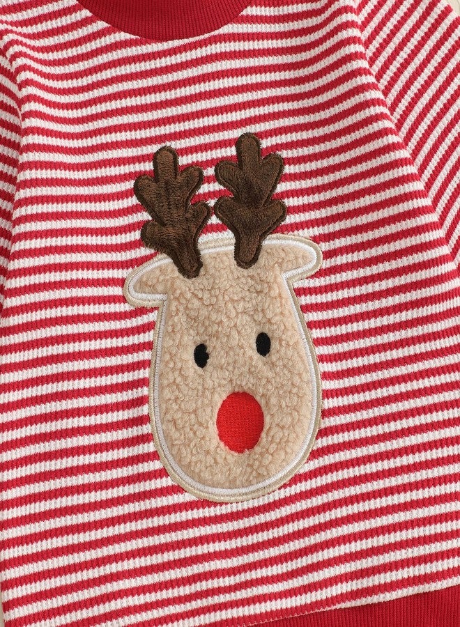 Nyapruwe Infant Baby Boy Girl Christmas Outfits Toddler Xmas Long Sleeve Sweatshirt Pants Set Fall Winter 2Pcs Clothes (Red Stripe Deer, 12-18 Months) - Image 5